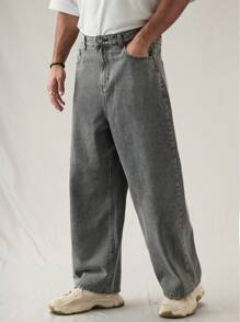 Manfinity Hypemode Men's Light Grey Baggy Jeans, Relaxed Fit Wide Leg Pants - Light Grey - View 1