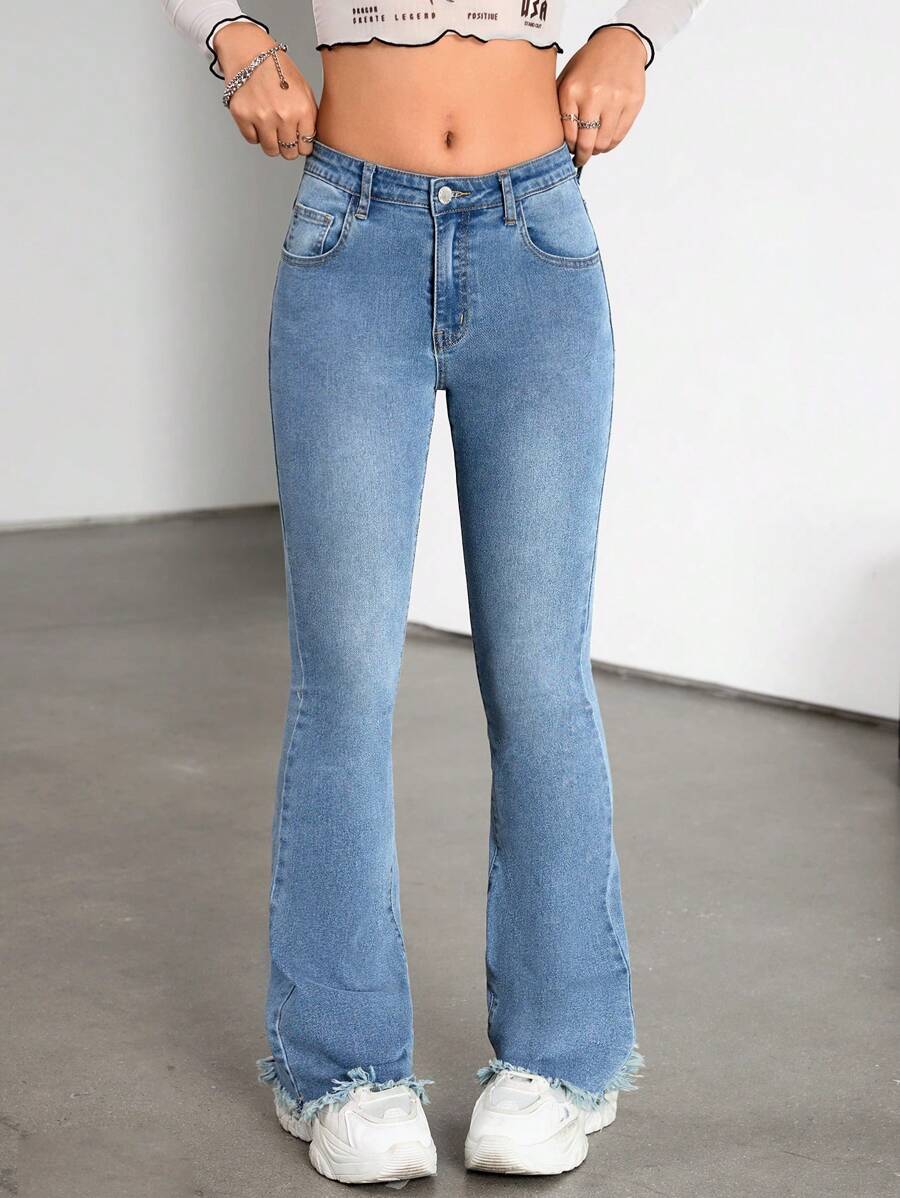 SHEIN 适合少女的复古蓝色牛仔喇叭裤 - 深色水洗藍 - 查看 1