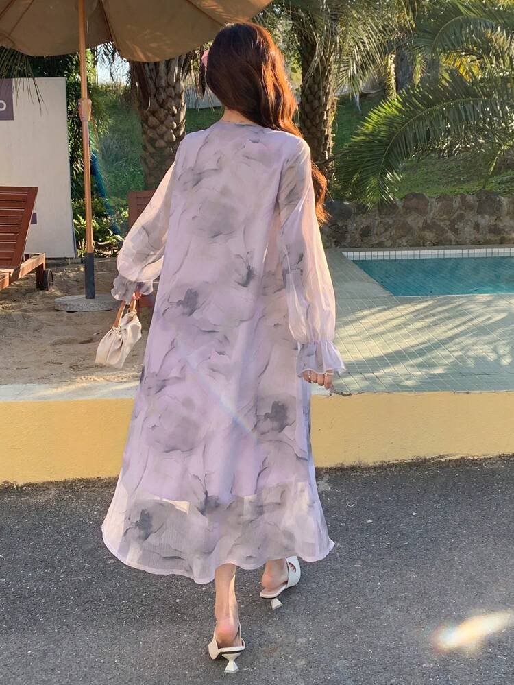 Women Floral Print Long Dress With Ruffle Sleeves,Casual Women Dresses,Fall Dress Long Sleeve Dress Maxi Dress Vacation Outfits Women