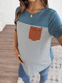 SHEIN 女士条纹口袋短袖孕妇 T 恤 - 彩色 - 查看 6