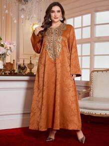 Al Najma 大码优雅提花面料传统金色串珠领阿拉伯风格服装