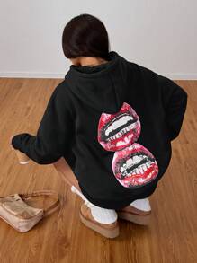 StreetHx 女士唇印休闲连帽卫衣套头衫秋季款 - 黑色 - 查看 6