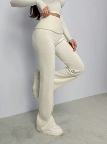 SHEIN PETITE Apricot Tight Waist Floor Length Flared Dames Sweater Broek, Voor Woon-werkverkeer, Thuis, Casual Kleding