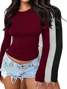 INAWLY Solva Camiseta ajustada de manga larga y cuello redondo de color liso para mujer, para otoño - Multicolor - Ver 4