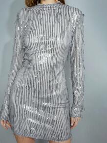 Maija Women's Silver Sequin Fringe Glitter Dress, Versatile Stylish Party/New Year's Eve Outfit, Tight Fit Sequin Fringe Mini Stand Collar Long Sleeve Dress For Party, Christmas Holiday Valentine's Day For Women Elegant Festival