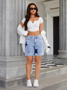SHEIN Essnce Embroidered Star Women's Washed Denim Shorts