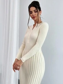 Firerie Women V-Neck Long Sleeve Fitted Solid Color Sweater Dress
