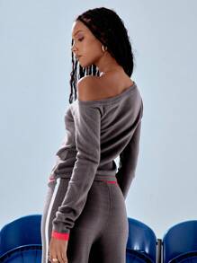 MUSERA Asymmetrical Neck Knit Contrast Wrist Top Spring Y2K 90's Casual Cute Fall Autumn Winter Thanksgiving Casual  New Year Party - Coffee Brown - View 2