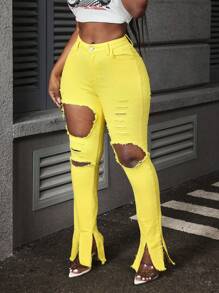 Slaydiva Jeans ajustados de mujer con dobladillo dividido y desgastado, - Amarillo - Ver 5