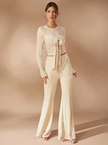 L'Amorae Elegante blusa de manga larga con detalle de lazo, pedrería y pliegues en malla