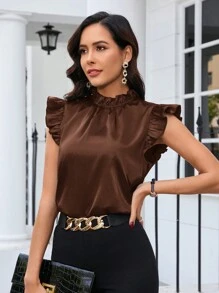 SHEIN Clasi Blusa sencilla de color liso con volantes, para uso diario - Café integral - Ver 6