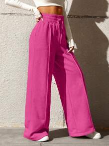 SHEIN Tall CURVE Plus Size Women's Fashion Casual Drawstring Waist Loose Straight Leg Pants - Hot Pink - View 3