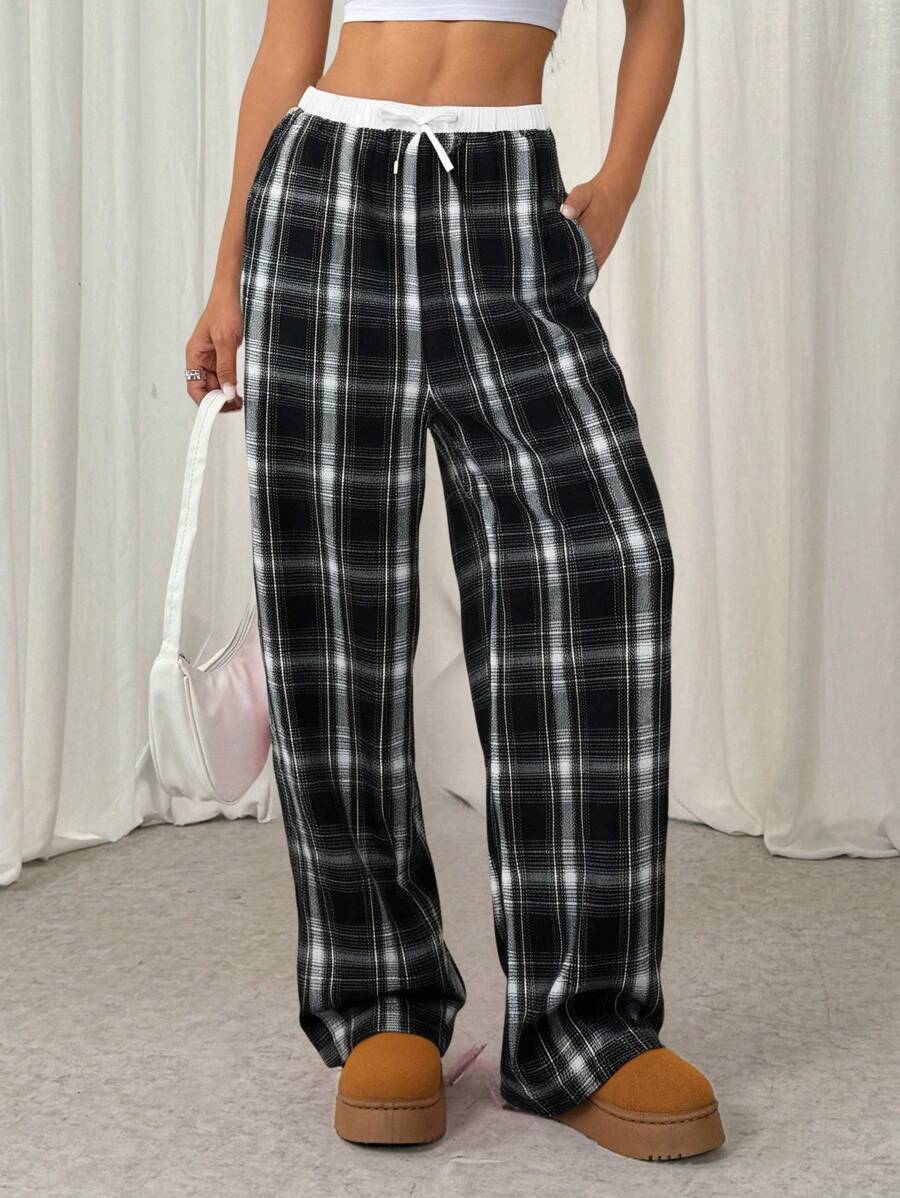 SHEIN 青少年女孩黑白格子拼接腰部抽绳阔腿裤，直腿及地长裤 - 黑與白 - 查看 1