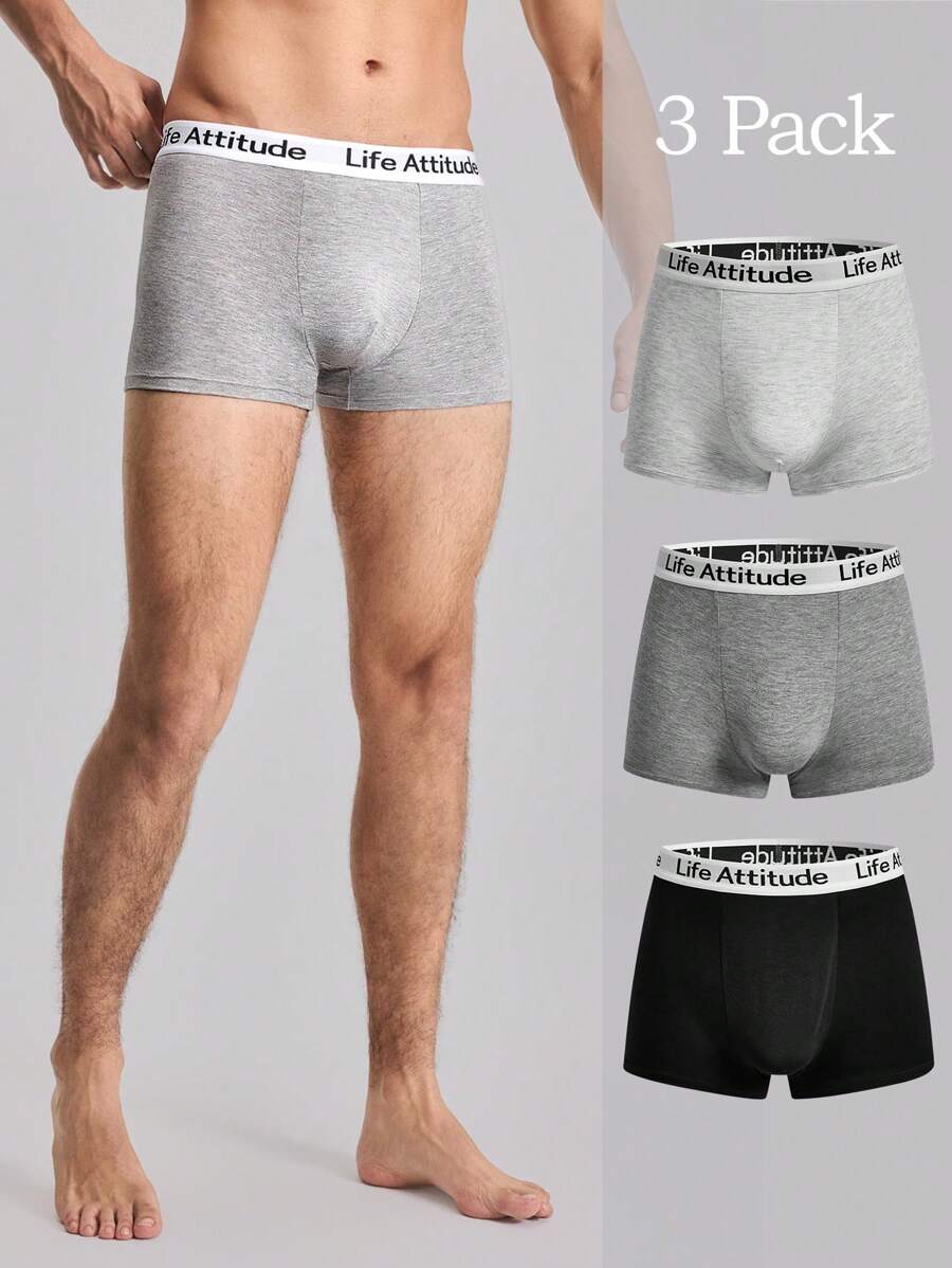 3 pezzi Mutande boxer da uomo con stampa a lettera su patch di colore unito, casual - Multicolore - Visualizzare 1