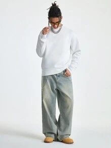 Manfinity EZcore 男士浅蓝色水洗牛仔布复古宽松阔腿牛仔裤 - 淺色水洗藍 - 查看 4