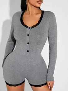SHEIN SXY 性感可爱的撞色蕾丝拼布纽扣前连体裤 - 灰色 - 查看 3