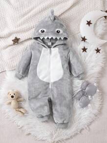 2pcs Infant-Toddler Boys' Two-Tone Flannel Monster Paw Print Hooded Long Sleeve Footed Jumpsuit With Gloves, Sleepwear Set