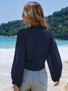 Swim Vcay Women's Solid Color Drop Shoulder Short Kimono Cover Up Summer - Navy Blue - View 5