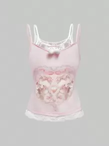 ROMWE Kawaii 女士可爱二合一蕾丝拼布毛绒蝴蝶结和熊图案印花吊带背心 - 粉色 - 查看 1