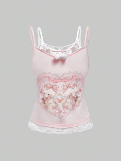 Kawaii Camiseta de tirantes para mujer con estampado gráfico de oso y lazo esponjoso en patchwork de encaje 2 en 1