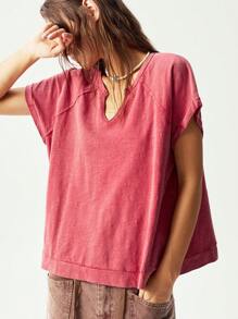 Bohemela 女士纯色 V 领短袖宽松水洗棉质 T 恤，休闲 - 紅色 - 查看 4