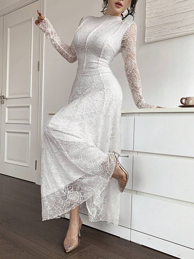 Feyla Vestido largo de encaje blanco elegante para mujer - Blanco - Añade 3