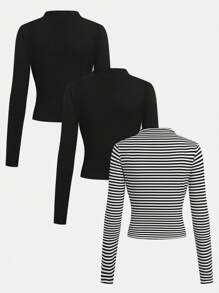 SHEIN Girlism 3pcs/Set Teen Girls Knitted Thermal Lined High Elastic Stand Collar Long Sleeve All-Match Tee Tops, Black & White, Autumn/Winter - Black - View 2