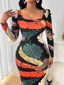 SHEIN Lady Spring Summer Vacation Casual Daily Commuter Elegant Dresses For Women Party Birthday Outfits For Women Vacation Style Full Print Pattern Women's Square Neck Long Sleeve Printed Casual Dress