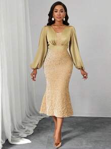 SHEIN Lady 天鹅绒亮片缎面优雅金裙圣诞派对礼服圣诞女装长袖连衣裙跨年晚礼服女士长裙鱼尾修身节日连衣裙女士长裙 - 黑色 - 查看 7