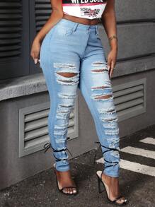 Slaydiva Women Casual Front Button Pocket Distressed Simple Jeans, Daily Wear - Blue - View 5