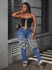 Slaydiva سروال جينز بسيط مع جيوب وتصميم بانيل برقبة الفهد وهامش خام للنساء - متعدد الألوان - مشاهدة 5