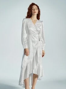 SHEIN Privé V-Neck Satin Unique Leopard Print Asymmetrical Hem Ruffle Trim Spring Dress For Women