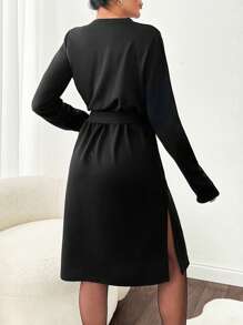 RueChic Solid Color Belted Side Mini Split Long Sleeve Midi Dress - Black - View 2
