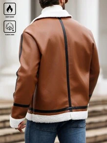 Manfinity Homme Plus Size Men's Casual Contrast Trim Thermal Lined Jacket, Autumn/Winter