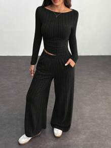 SHEIN PETITE 秋冬女装宽罗纹针织修身不对称斜下摆上衣+阔腿裤休闲舒适家居深灰色两件套 - 黑色 - 查看 6