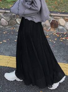 女士纯色百褶极简A字裙，休闲日常秋季款 - 灰色 - 查看 1