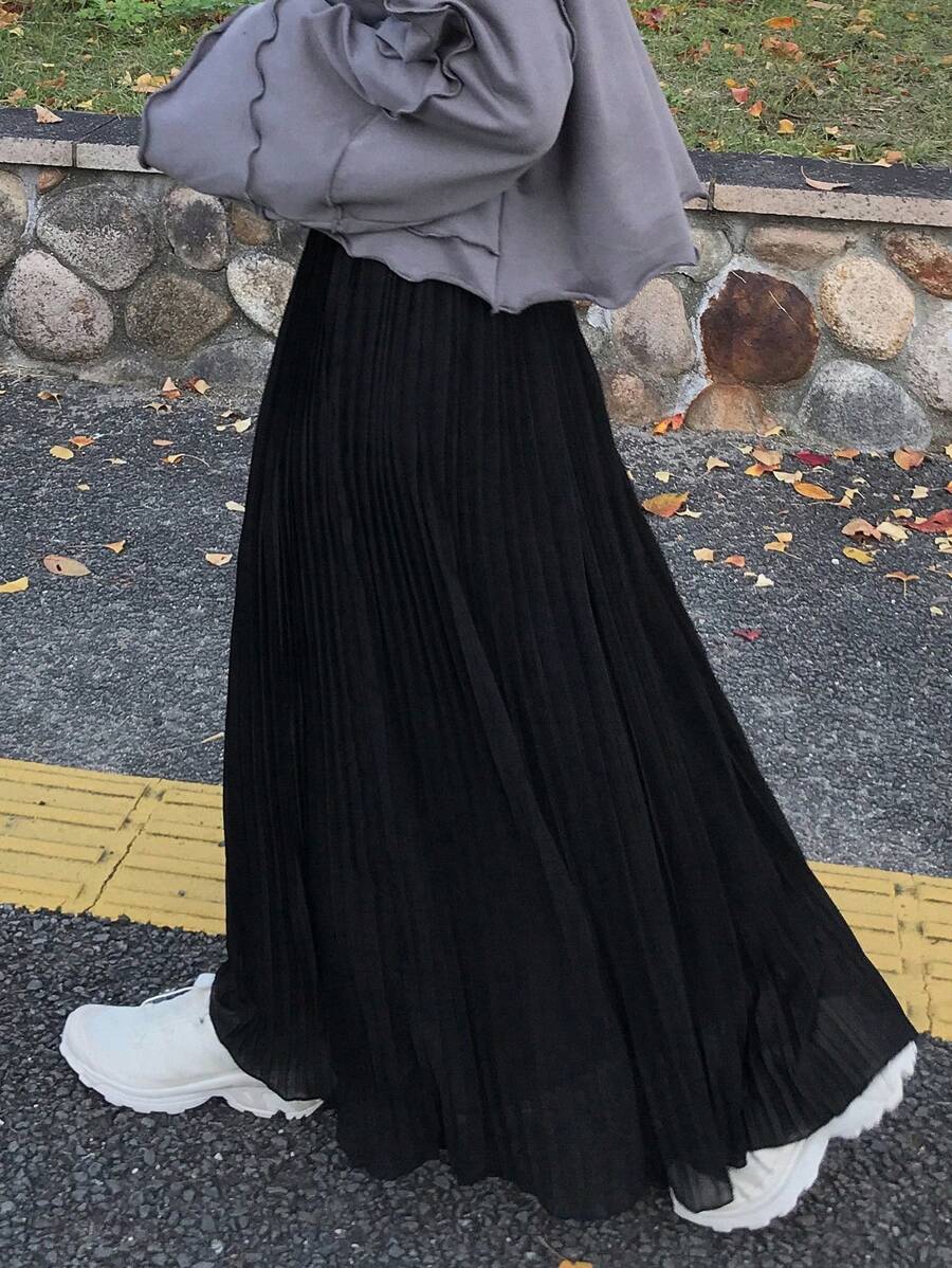 女士纯色百褶极简A字裙，休闲日常秋季款 - 灰色 - 查看 1