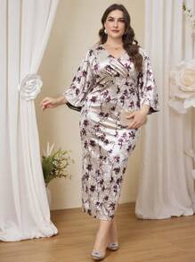 Modelyn 大码天鹅绒 V 领长袖花卉印花修身连衣裙，各种花卉印花，优雅紧身长裙，适合晚会/婚礼嘉宾/周年纪念长晚礼服