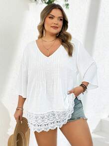 SHEIN CURVE+ 大码情人节提花蕾丝拼布衬衫