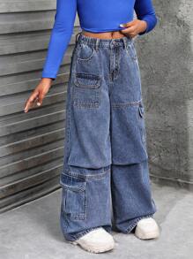 SHEIN Jeans anchos de carga de mezclilla azul desgastada con pliegues, estilo holgado y versátil para niñas preadolescentes, ideal para uso diario en otoño/invierno - Azul lavado medio - Ver 4