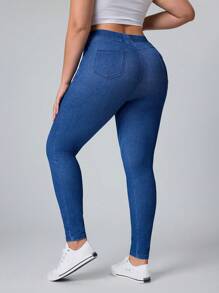 Flexra Plus Size Casual Washed Simple Slim Stretchy Knit Tapered Leg Jeans - Dark Wash - View 2