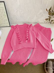 2 pièces Top de sweater à manches longues avec col volant et pantalon en tricot de couleur unie, ensemble pour préadolescentes