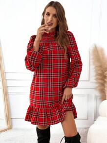 SHEIN LUNE 女士休闲格子圣诞长袖连衣裙，适合秋冬季 - 紅色 - 查看 5