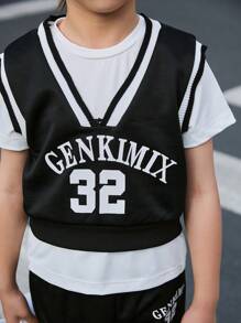 3 件套年轻男孩休闲运动套装，纯色短袖上衣，针织图案印花背心和黑色长裤，秋季男孩酷炫运动装 - 黑色 - 查看 5