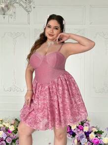 Lyrianda Plus Size Women Vintage French Peplum Princess Dress, Cinched Waist Spaghetti Strap Romantic Cute Party Mini Dress With Valentines, Rose, Heart, Polka Dot, Love, Lip, Cupid, 260D Flower Print