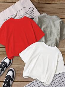 3pcs Pack Girls' Urban Girl With Sunglasses, Butterfly & Car Print Short Sleeve Round Neck T-Shirt, Red/White/Gray - Multicolor - View 2