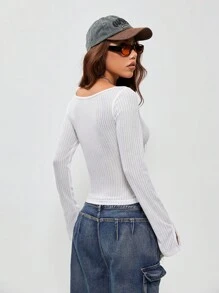 SHEIN EZwear Women's Spring And Summer Concert Date Night Cable-Knit Button Down T-Shirt - White - View 5