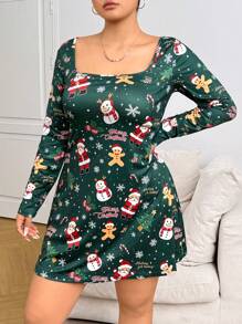 SHEIN EZwear Plus Size Christmas Print Square Neck Long Sleeve Dress - Green - View 3