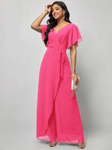 SHEIN Clasi Bộ đồ liền thân tay ngắn buộc dây phía trước màu trơn dành cho nữ, trang phục thường ngày - Màu Hồng Tươi - Xem 3
