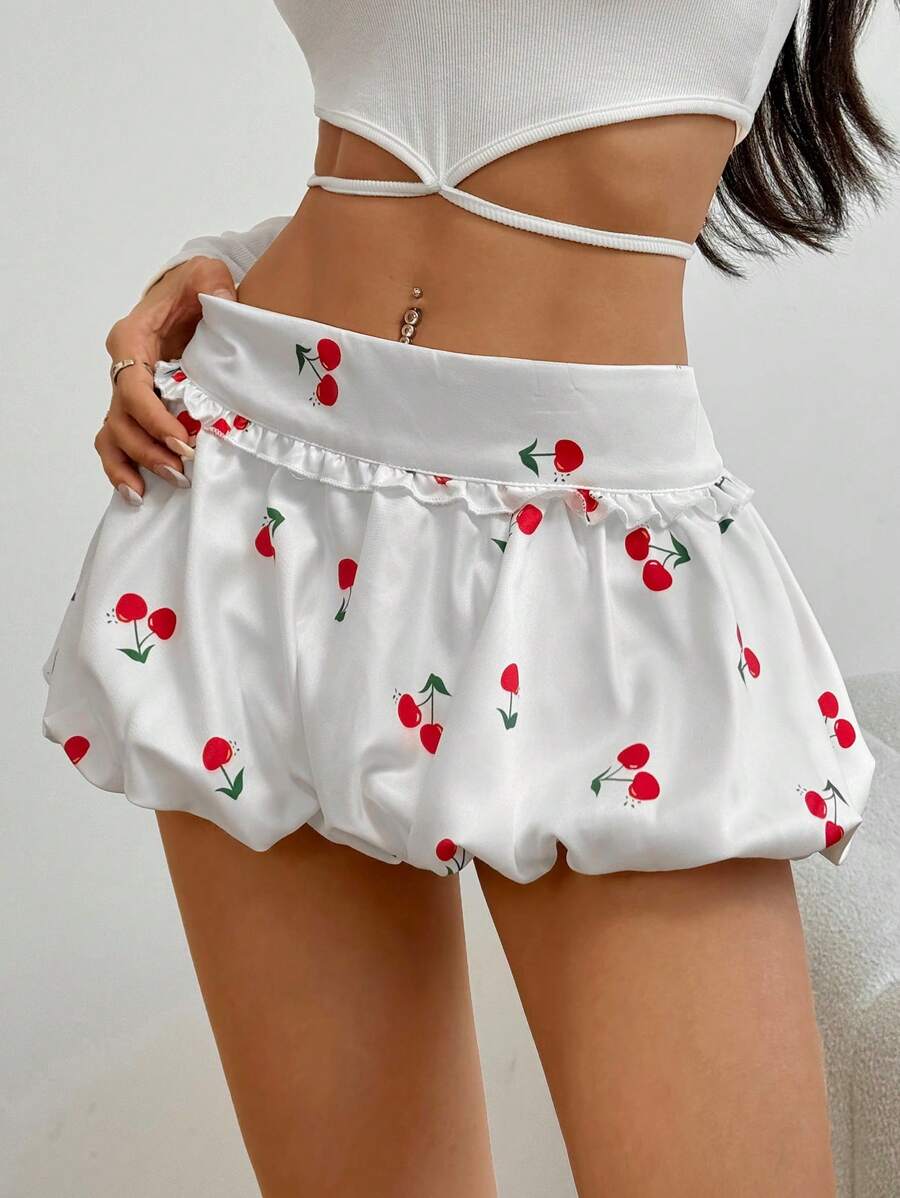 SHEIN EZwear 女士甜美红玫瑰碎花荷叶边白色迷你A字裙 - 白色 - 查看 1